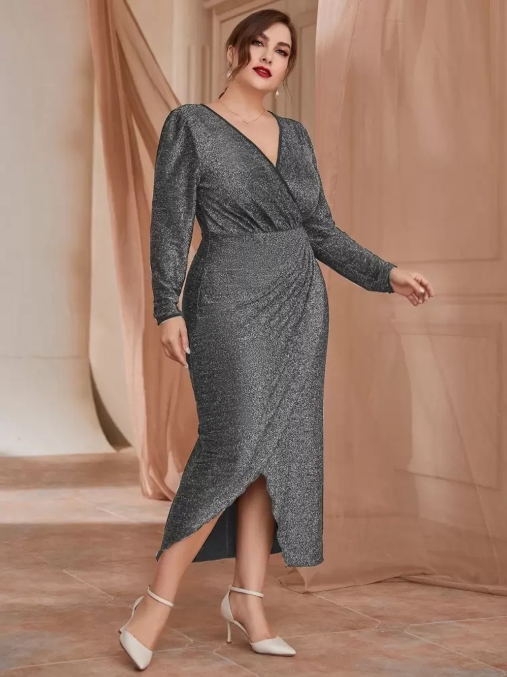 Shein Sparkle Wrap Midi Dress in Gunmetal Size XL - Like New